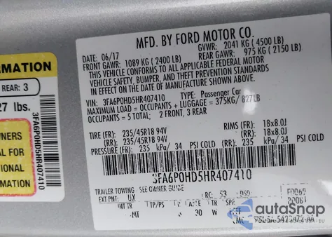 2017 Ford Fusion Se from USA, damaged, VIN 3FA6P0HD5HR407410